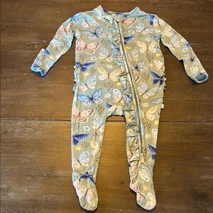 Posh Peanut Green with Butterflies Footie Ruffled Zippered One Piece